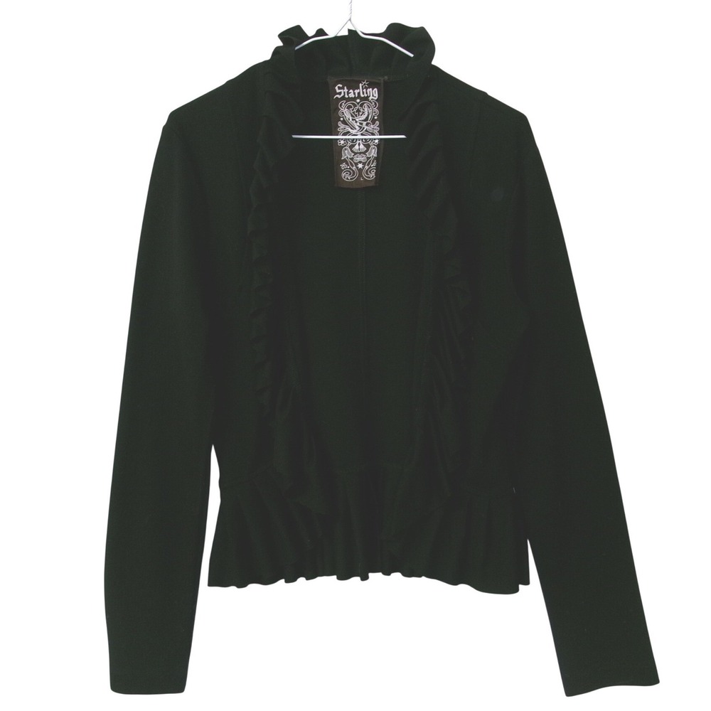 Starling Black Ruffled Neck Long Sleeve Peplum Top Cardigan Sweater Large